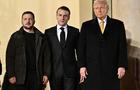 French President Emmanuel Macron (C), President-elect Donald Trump (R) and Ukraine's President Volodymyr Zelenskyy pose after their meeting at the Elysee Palace in Paris, France on December 07, 2024. 