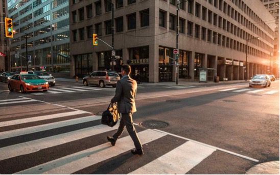 A person crosses an urban street at sunset, symbolizing the diverse paths and opportunities available to autistic individuals beyond the tech industry.