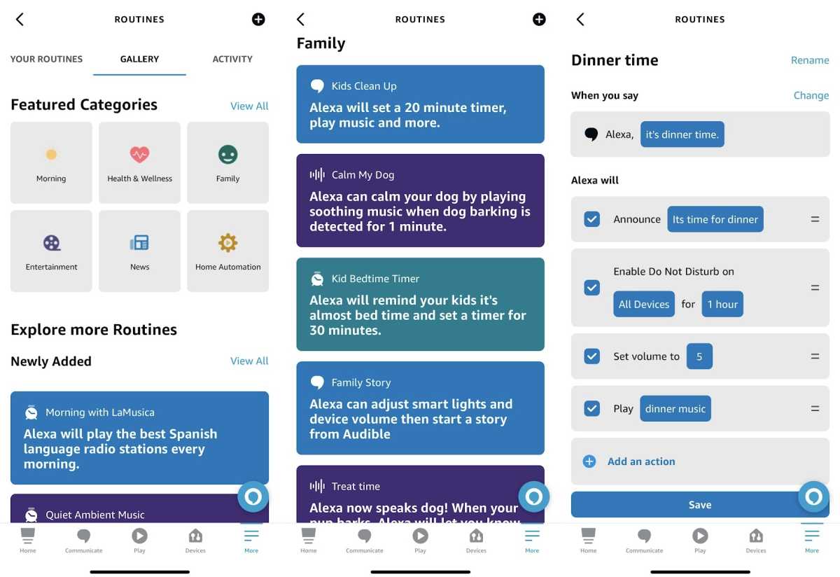 Alexa's Routine Gallery with categories, suggested routines, and a template for a "Dinner time" routine