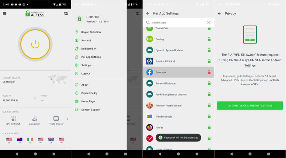 Screengrabs from the PIA Android app; main connection page, settings menu, list of apps which can be scoped out of the VPN, VPN kill switch settings