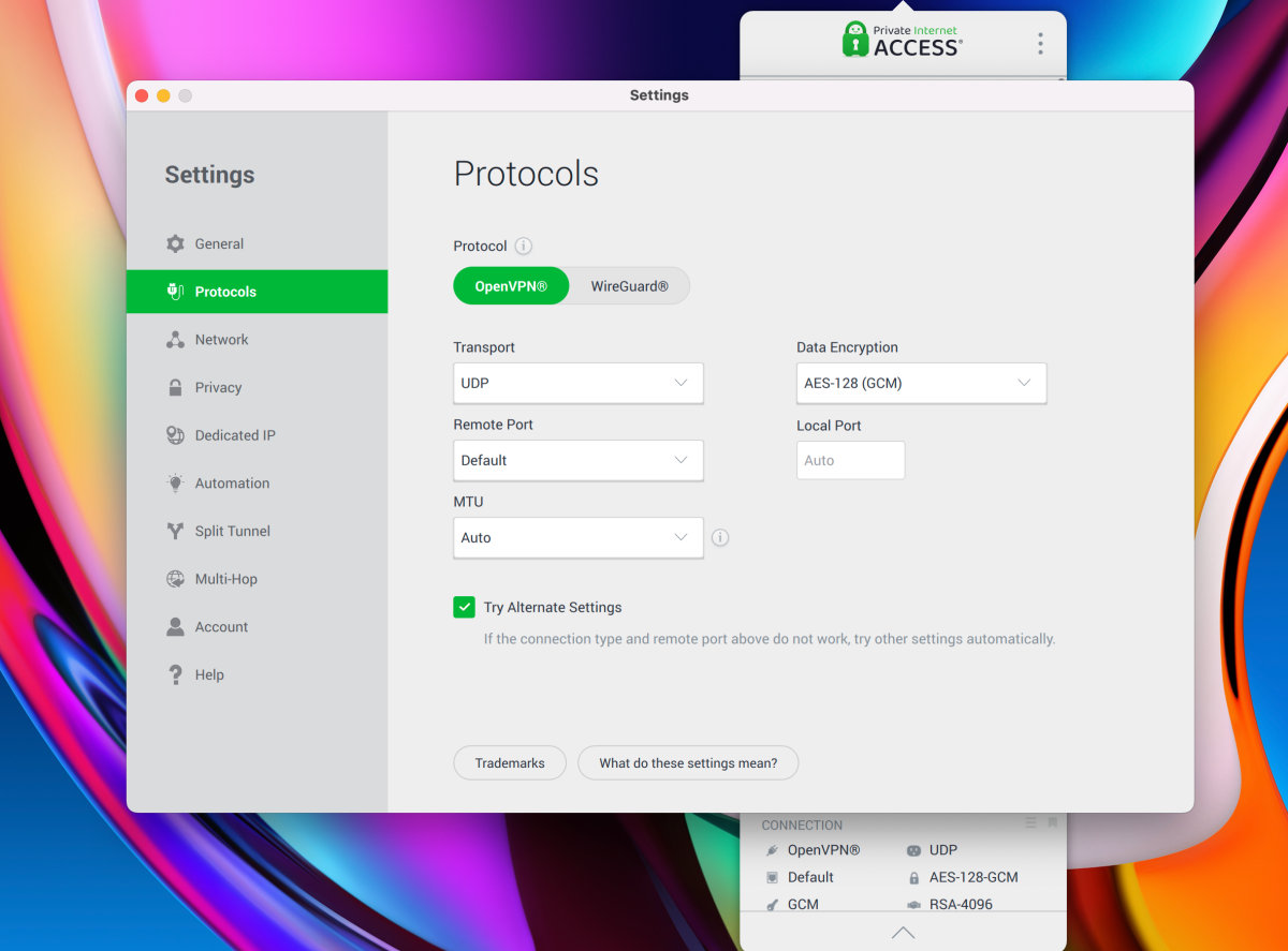 Screengrab of the macOS PIA app, showing off the VPN protcol options; OpenVPN, WireGuard, transport, encryption, and MTU drop downs
