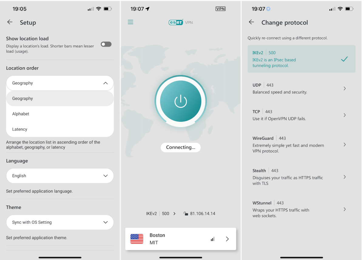 Screengrabs of the Eset VPN app for iOS