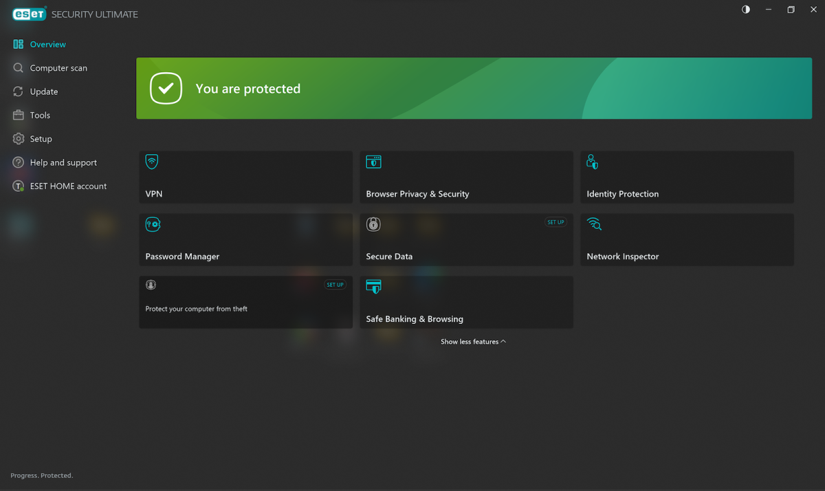 Screengrab of the overview menu of Eset Home Security Ultimate for Windows