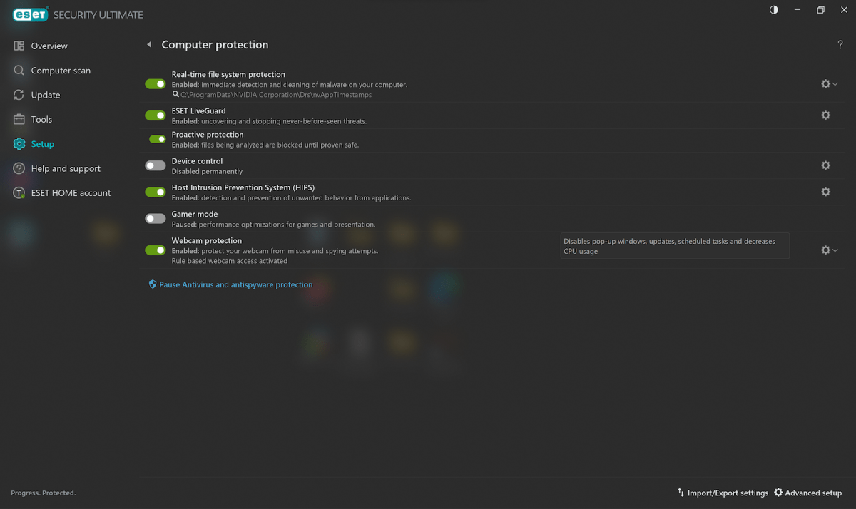 Screengrab of the computer protection menu of Eset Home Security Ultimate for Windows