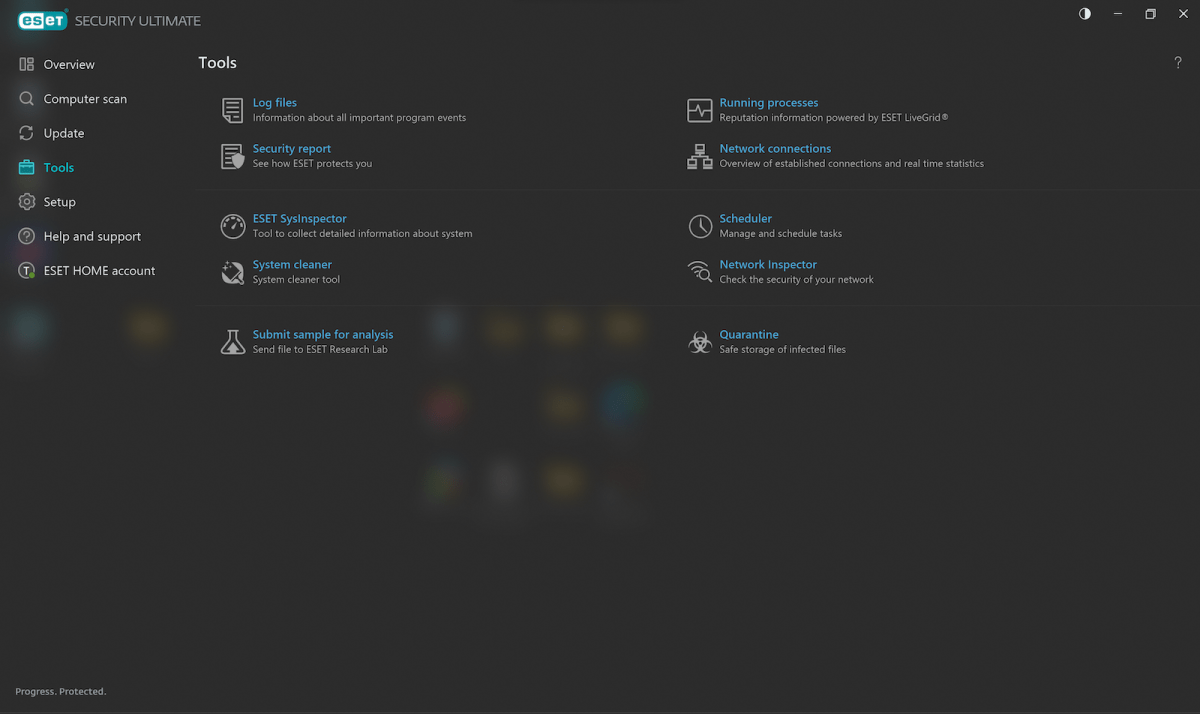 Screengrab of the tools menu of Eset Home Security Ultimate for Windows