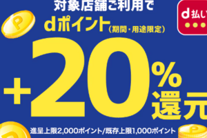 毎月5のつく日限定。ｄ払いアプリ（ネットショッピング）、対象店舗利用でdポイント＋20％還元。