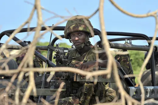 A Kenyan Defence Force soldier is pictured looking through branches.