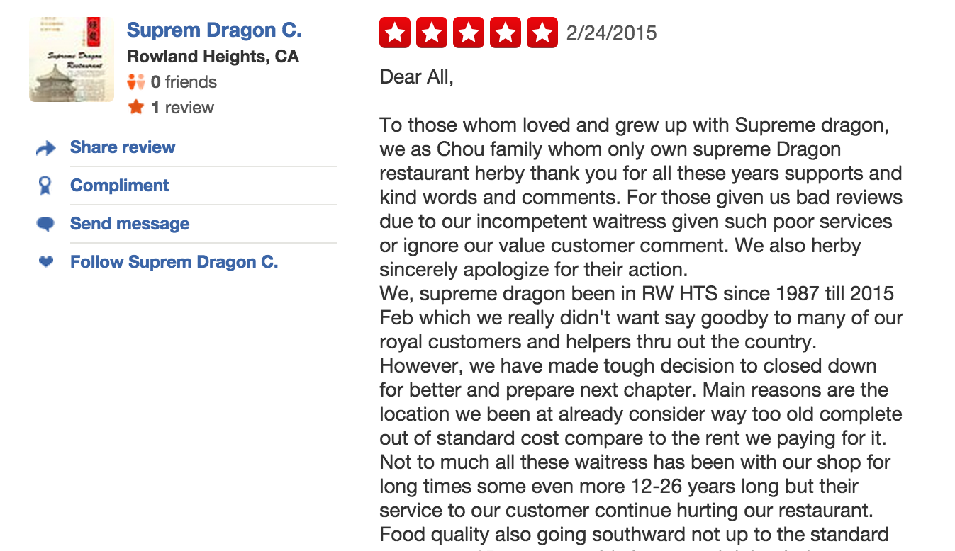 Just a bit of the harsh critique that ownership left for its former servers and kitchen staff.