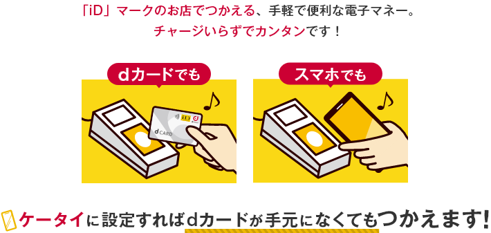 「iD」マークのお店でつかえる、手軽で便利な電子マネー。 チャージいらずでカンタンです！ dカードでも スマホでも ケータイに設定すればdカードが手元になくてもつかえます！