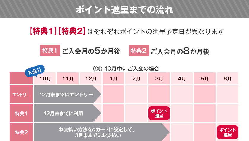 ポイント進呈までの流れ 【特典1】【特典2】はそれぞれポイントの進呈予定日が異なります 特典1 ご入会月の5か月後 特典2 ご入会月の8か月後