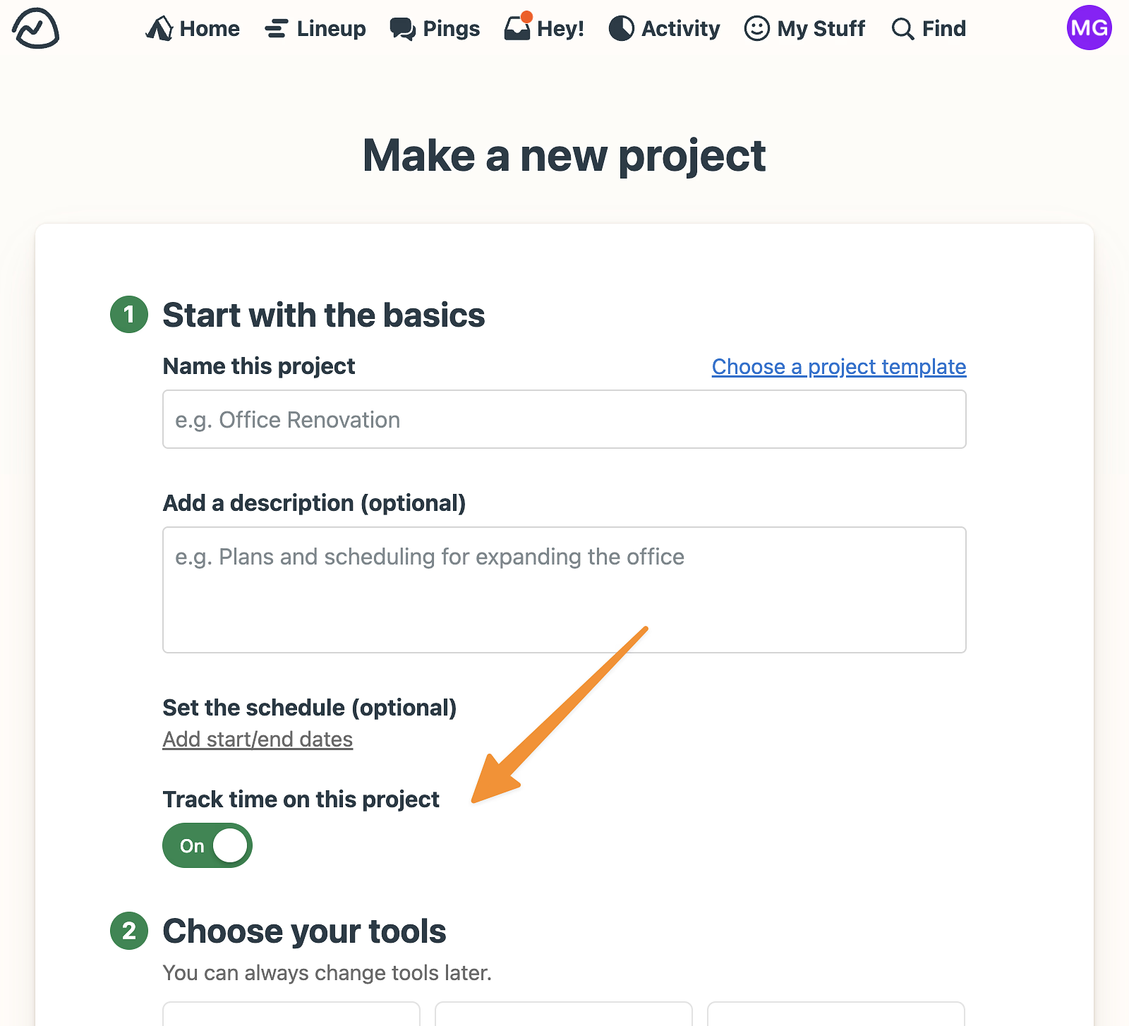 An image showing how to enable time tracking when creating a project from scratch