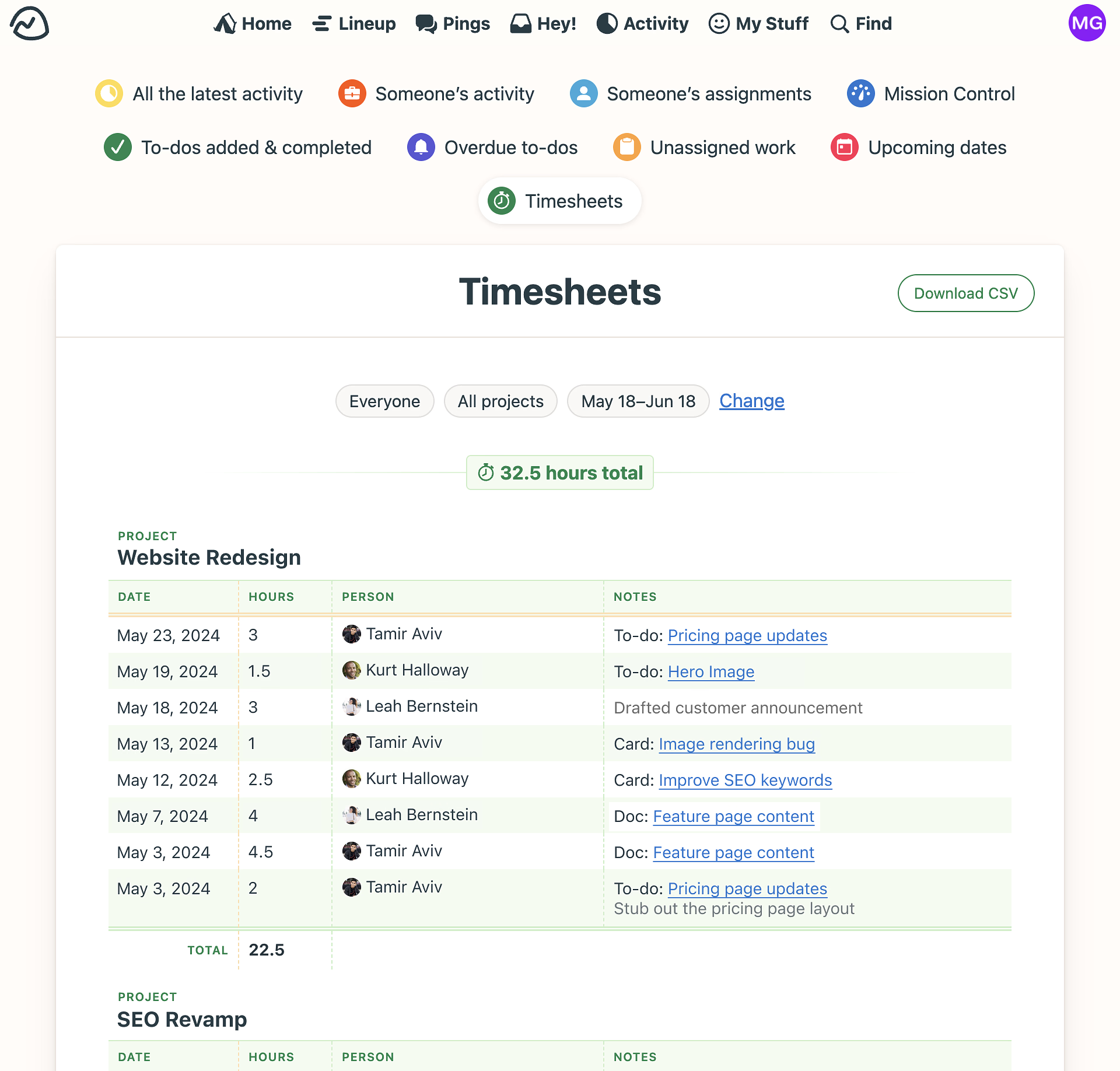 An image showing timesheets for an entire account across all projects