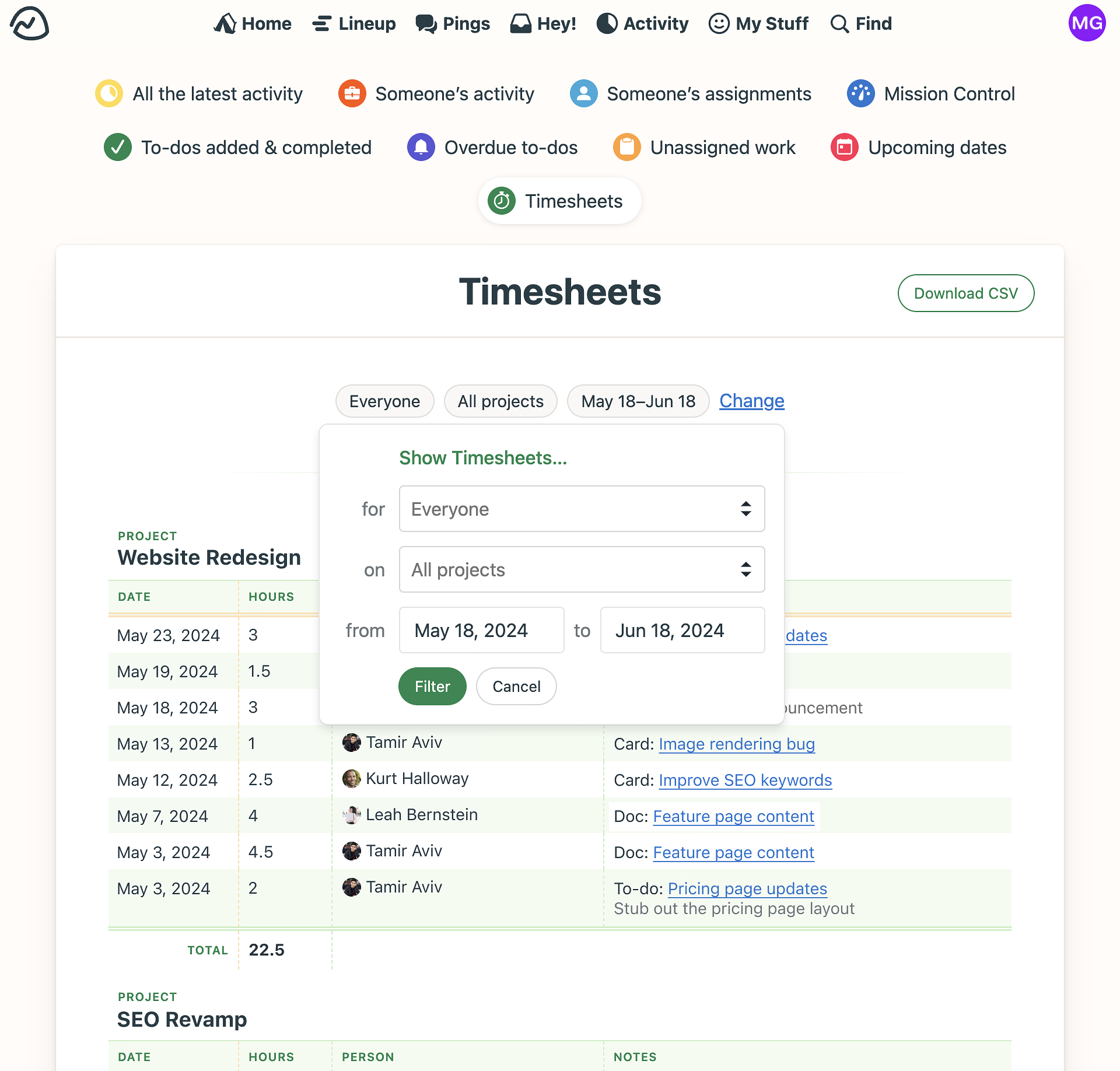 An image showing filters on timesheets