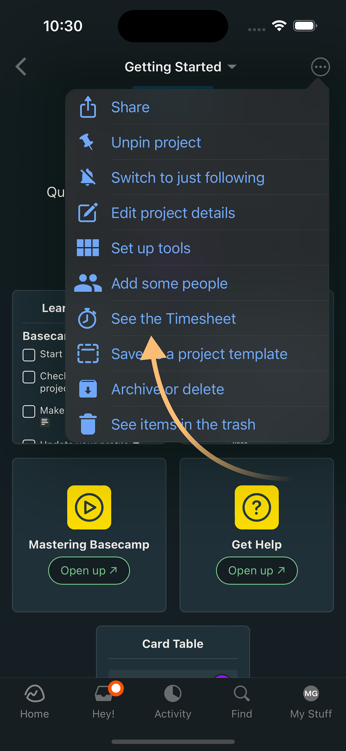 An image showing how to access timesheet through the mobile app overflow menu