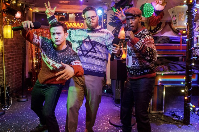 THE NIGHT BEFORE, from left: Joseph Gordon-Levitt, Seth Rogen, Anthony Mackie, 2015. ph: Sarah