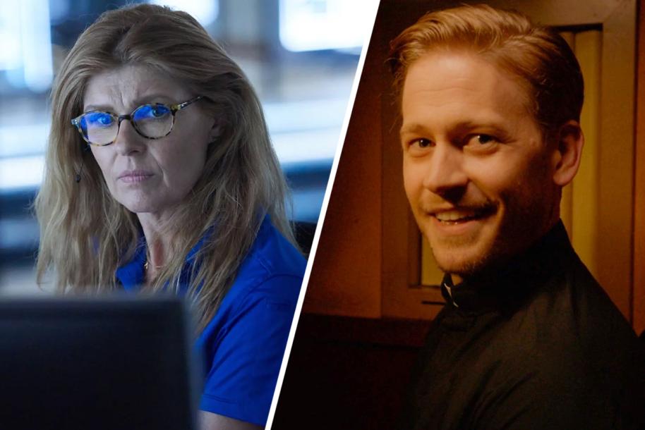 Connie Britton as Abby and Gavin Stenhouse as a priest on '9-1-1'