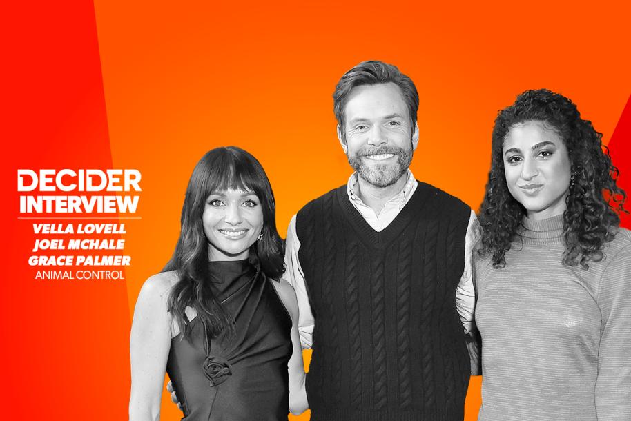 interview Grace Palmer, Joel McHale, and Vella Lovell in black and white on an orange background