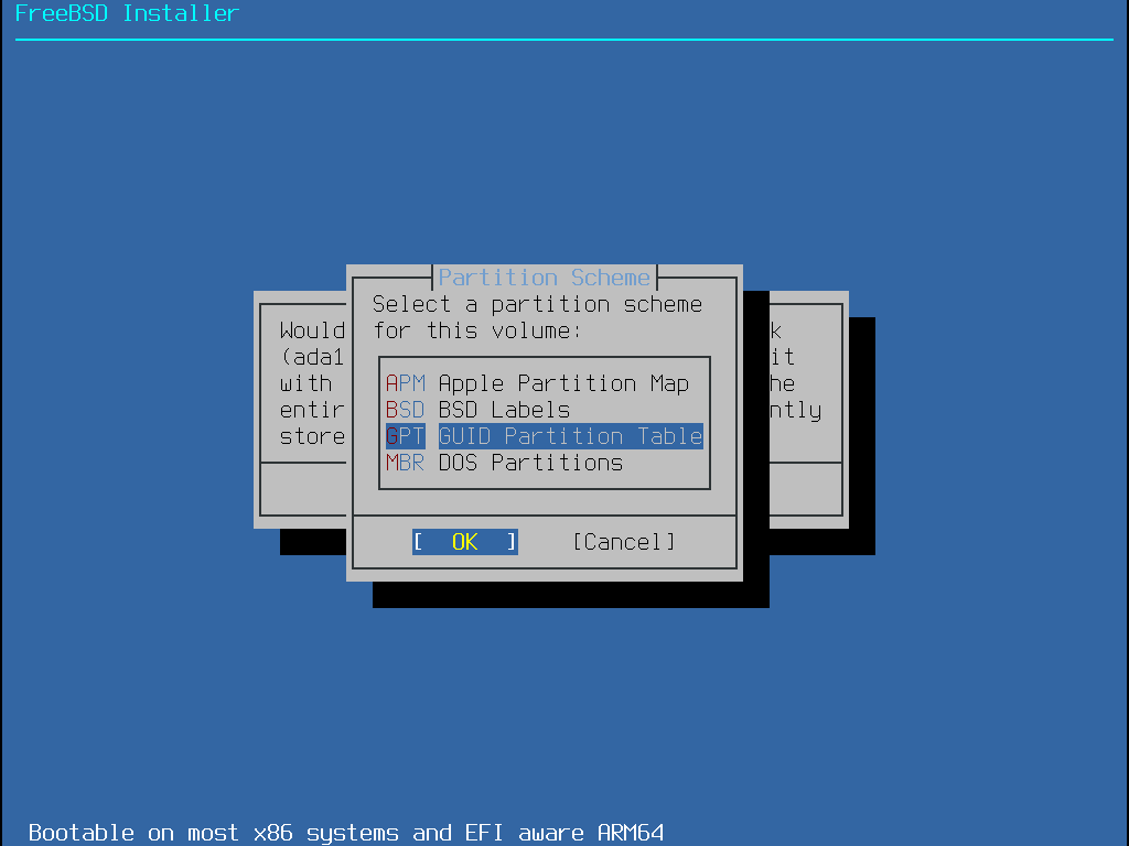 Menu showing the user the different the different types of partition that exist and requesting one of them