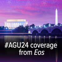 A view of a Washington, D.C., skyline from the Potomac River at night. The Lincoln Memorial (at left) and the Washington Monument (at right) are lit against a purple sky. Over the water of the Potomac appear the text “#AGU24 coverage from Eos.”