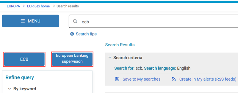 Screenshot of a search results page showing 'ECB' and 'European banking supervision' buttons