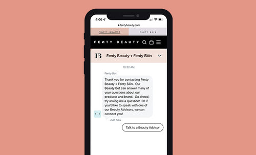 Screenshot of iphone with a live chat with Fenty Beauty and Skin customer service.