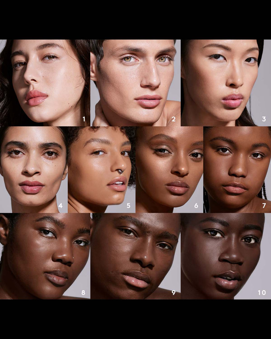 Shade 10 model imagery grid for Hydra Vizor Huez Tinted Moisturizer with claim that 100% agree it works well with their skin tone.