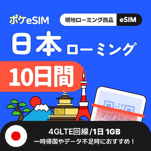 【一時帰国やデータ追加用に！】日本 eSIM 1日1GB 10日間 データ通信専用（電話番号なし） 有効期限180日