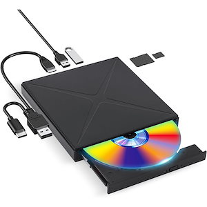 DVD/CDドライブ 外付け USB3.0&Type-C両対応 TF/SDカード対応 ポータブルドライブ CD/DVD読取書込 低騒音 高速 2つのUSBポート搭載 軽量 Linux/Windows