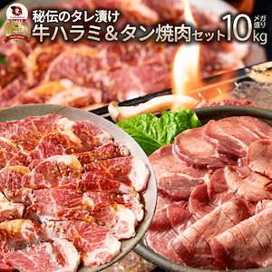 肉 牛肉 タレ漬け 牛ハラミ ＆ 牛タン 焼肉セット 10kg（250g×40） お歳暮 クリスマス ギフト 食品 祝い プレゼント BBQ 焼肉 冷凍