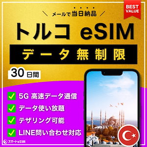 【データ無制限】 トルコ eSIM 30日間／データ使い放題／5G・4G高速データ通信／テザリング可能／当日納品／パスポート登録不要