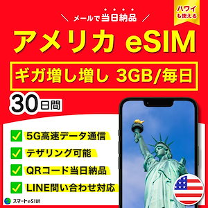 【日数が選べる！】 アメリカ ハワイ eSIM 30日間／毎日 3GB／5G・4G高速データ通信／テザリング可能／当日納品／パスポート登録不要