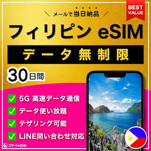 【データ無制限】 フィリピン セブ島 eSIM 30日間／データ使い放題／5G・4G高速データ通信／テザリング可能／当日納品／パスポート登録不要