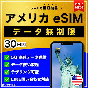 【日数が選べる！】 アメリカ ハワイ eSIM 30日間／データ使い放題／5G・4G高速データ通信／テザリング可能／当日納品／パスポート登録不要