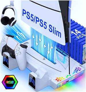 「2024年新登場」PS5 Silm/PS5用 スタンド PS5用 Slim冷却ファン PS5/PS5 Silm縦置き 冷却 スタンド 2台同時充電 3段階冷却 PS5ディスク-デジタル兼用 充電指