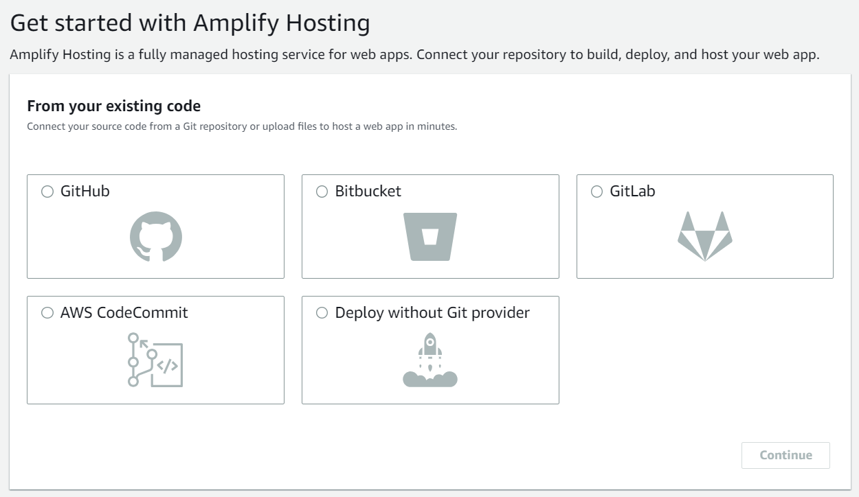 Screenshot of AWS Amplify Console: Get started with Amplify Hosting