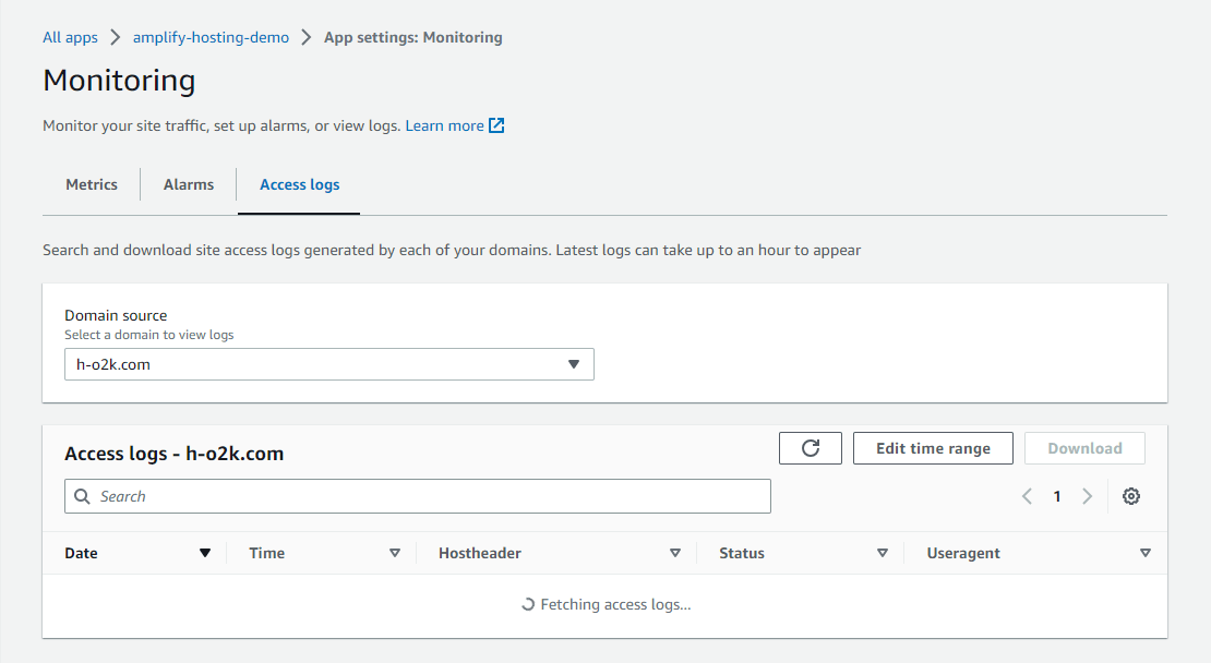 Screenshot of AWS Amplify Console: Access logs