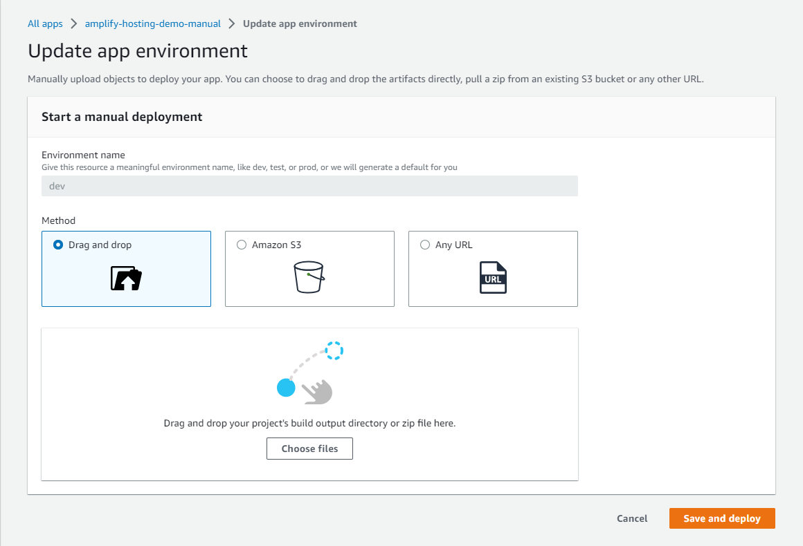 Screenshot of AWS Amplify Console: Update app environment