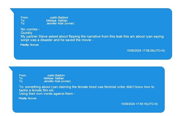 The messages show Justin suggesting how they might 'flip the narrative' as more stories emerge about the controversy surrounding the film