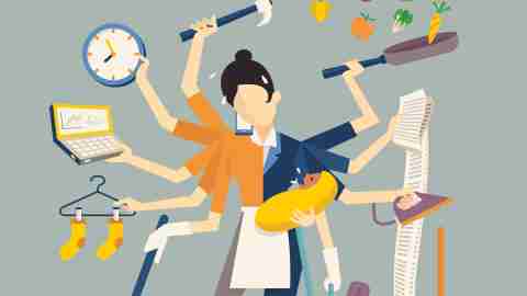 Vector illustration in super mom concept, many hands working with very busy business and housework part, feeding baby, cleaning house, cooking, doing washing, working with laptop. Flat design.