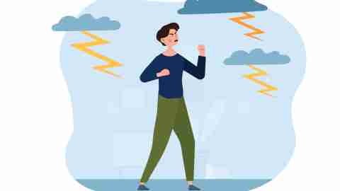 Young male character is feeling anger and rage surrounded by lightnings. Negative emotions, aggression and psychological problems. Man in stressful situation. Flat cartoon vector illustration