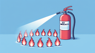 A stylized illustration featuring a red fire extinguisher labeled "Self Awareness" actively spraying a white substance to extinguish small flames in front of it on a light blue background. The design is minimalist with a cartoonish yet detailed style, emphasizing the concept of self-awareness quelling inner turmoil or challenges caused by ADHD, represented by the flames.