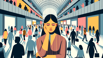 Illustration of a young woman with ADHD experiencing a sensory meltdown at a crowded mall, designed using flat design principles. The woman appears distressed in the center of the image, surrounded by simplified, stylized figures of people in a bustling environment. The background is vibrant with colors, contrasting with the muted tones used to depict the woman, highlighting her overwhelmed state. The entire scene is rendered in a minimalistic style, emphasizing emotional expression through simplified visual elements