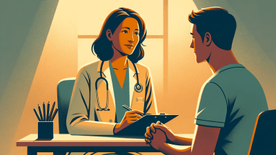 An illustration of a female doctor taking notes while listening to a patient describe their challenges with suspected ADHD.