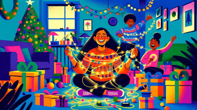 An illustration of a woman playfully tangled in string lights, surrounded by a lively and slightly cluttered holiday scene in her living room, along with her two laughing neurodivergent children. This image captures the joyful, chaotic essence of getting through the holidays while raising children with ADHD, autism, and other forms of neurodivergence.