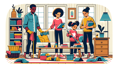 How to keep a clean house with ADHD. An illustration of a family picking up their living room together.