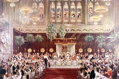 Vista del almuerzo de coronación del rey Jorge V y la reina María en Londres, en 1911.