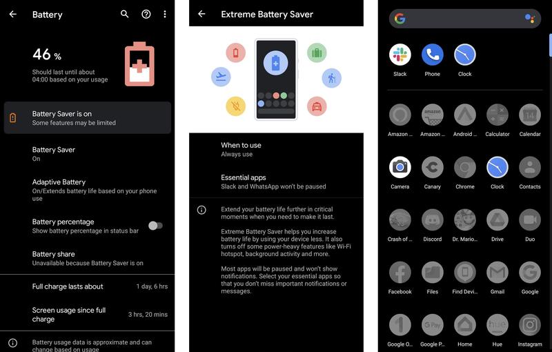 Google Pixel 5 screenshot extreme battery saver