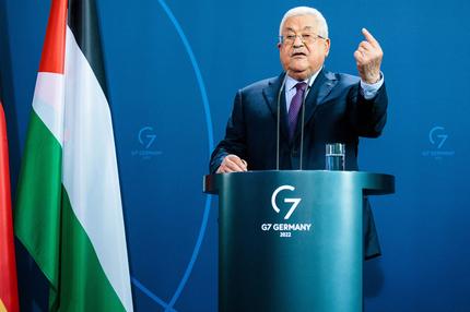 Mahmud Abbas: Palestinian president Mahmud Abbas gesticulates during a joint press conference with the German Chancellor at the Chancellery in Berlin, Germany, on August 16, 2022.