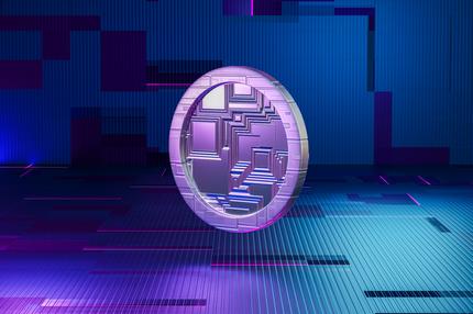 Kryptowährungen: Computer graphic of standing coin. Abstract futuristic background. Economy, money and finance concept. Non-branded coin.