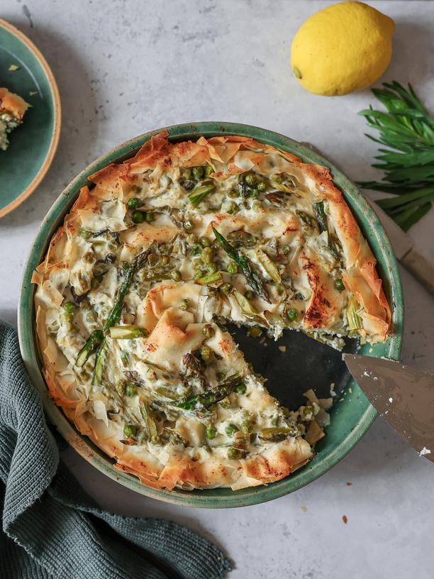 Filo-Tarte mit grünem Spargel, Erbsen und Ricotta: Davon gibt es nicht zu Filo